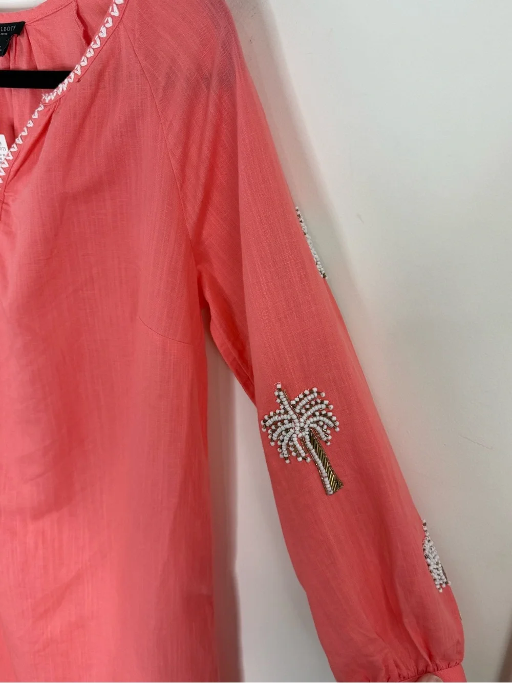 Talbots Linen Blend Shift Dress Size S Petite Palm Tree Embellished Coral NWT - Picture 6 of 14